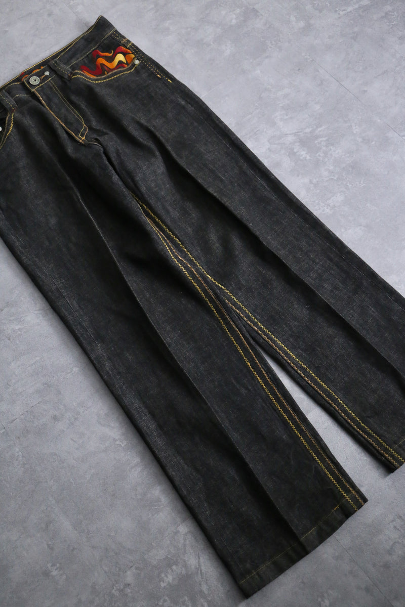 “COOGI” fire embroidery black buggy denim pants