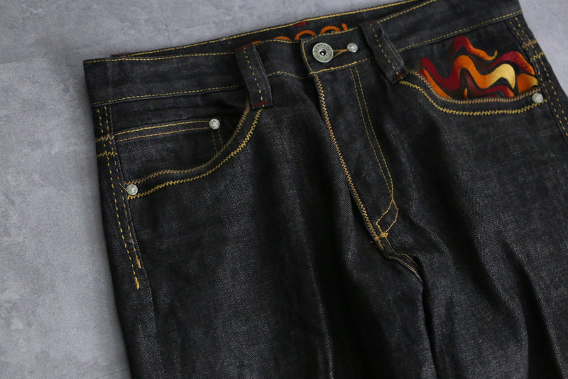 “COOGI” fire embroidery black buggy denim pants