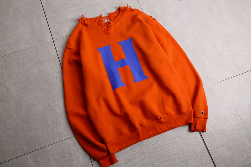 "Champion" H logo design boro 加工 sweat