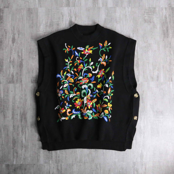 black base flower emb 2way knit vest