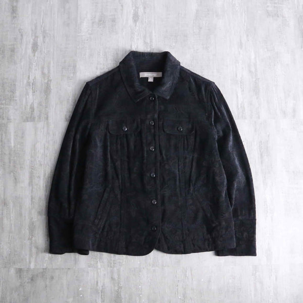 black botanical design jacquard velours tracker jacket