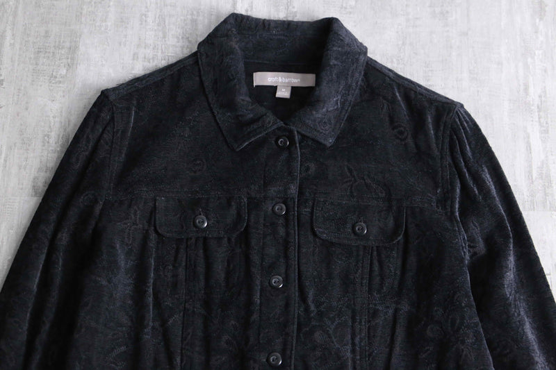 black botanical design jacquard velours tracker jacket