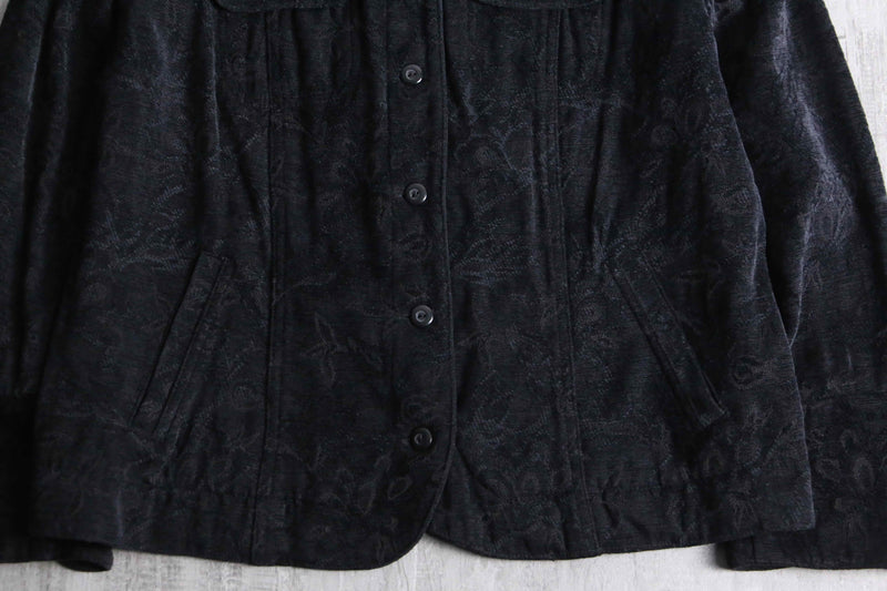 black botanical design jacquard velours tracker jacket