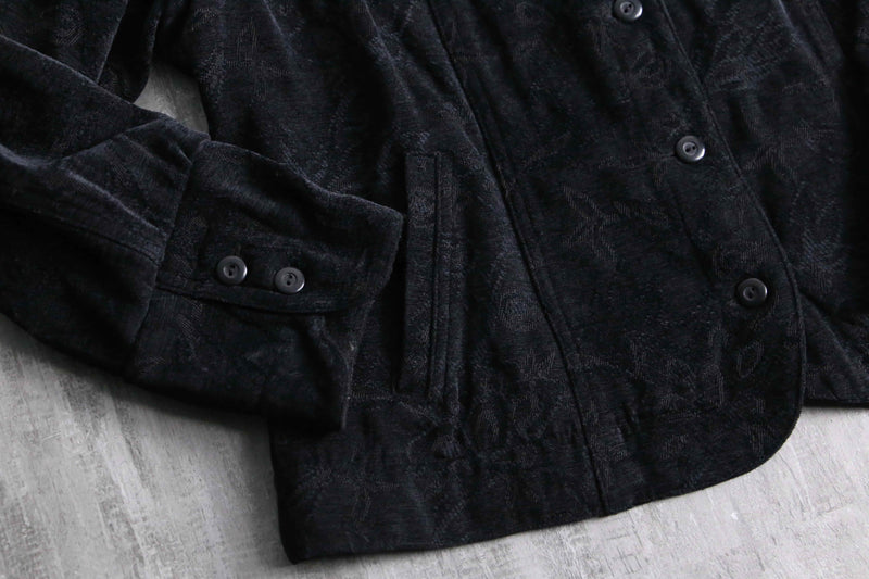 black botanical design jacquard velours tracker jacket