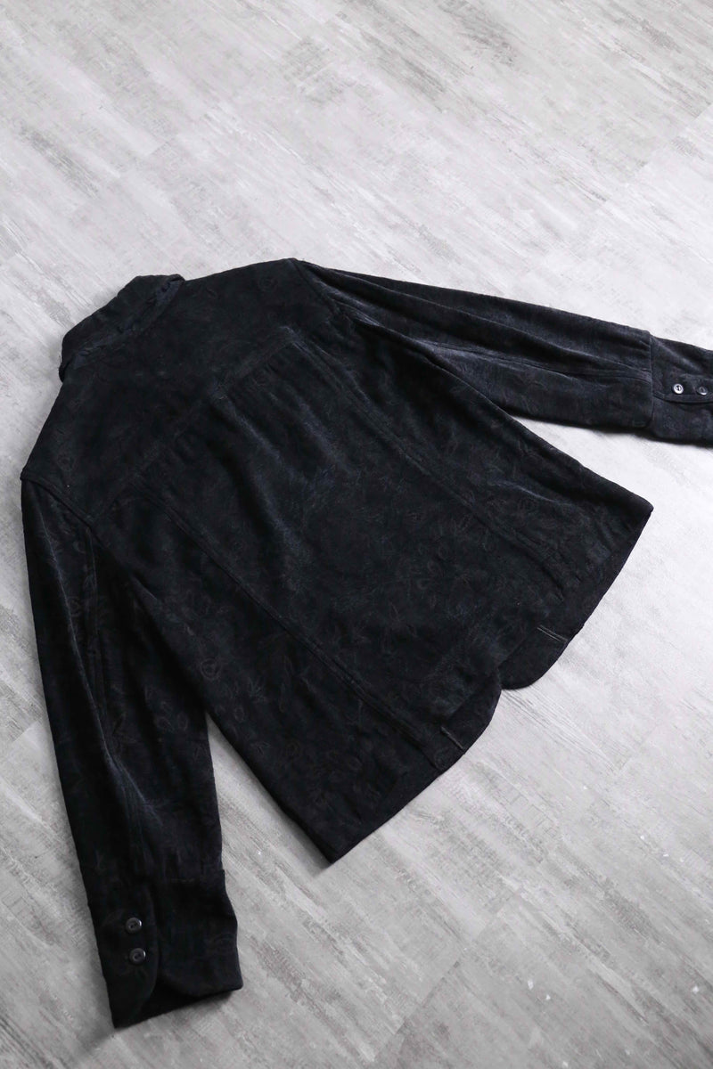 black botanical design jacquard velours tracker jacket