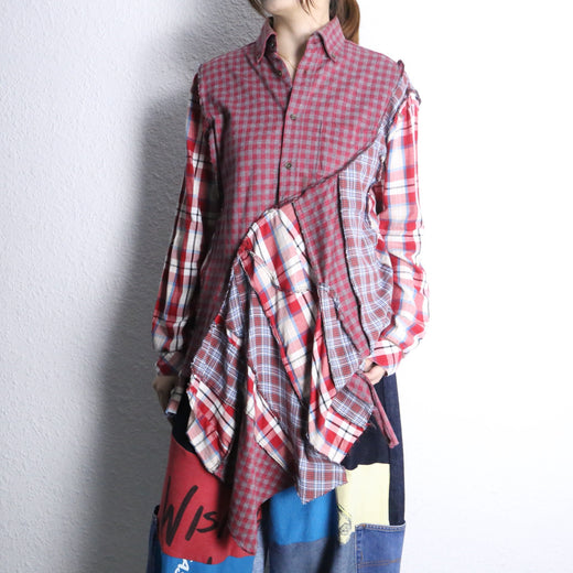 "Re:make" asymmetry check half button shirt