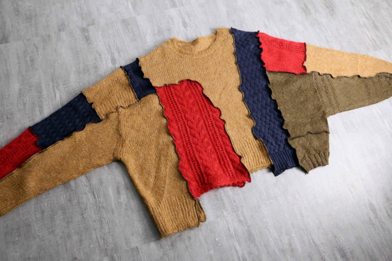 “Re:make” multi knit patchwork sweater
