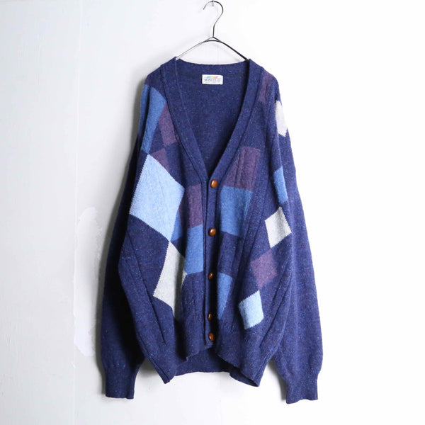 blue base argyle check design cardigan