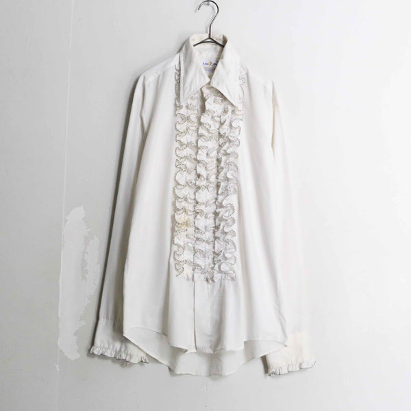 70's White & black piping frill dress shirt