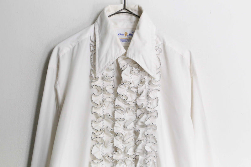 70's White & black piping frill dress shirt