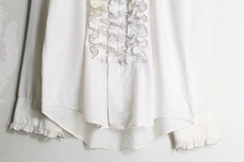 70's White & black piping frill dress shirt