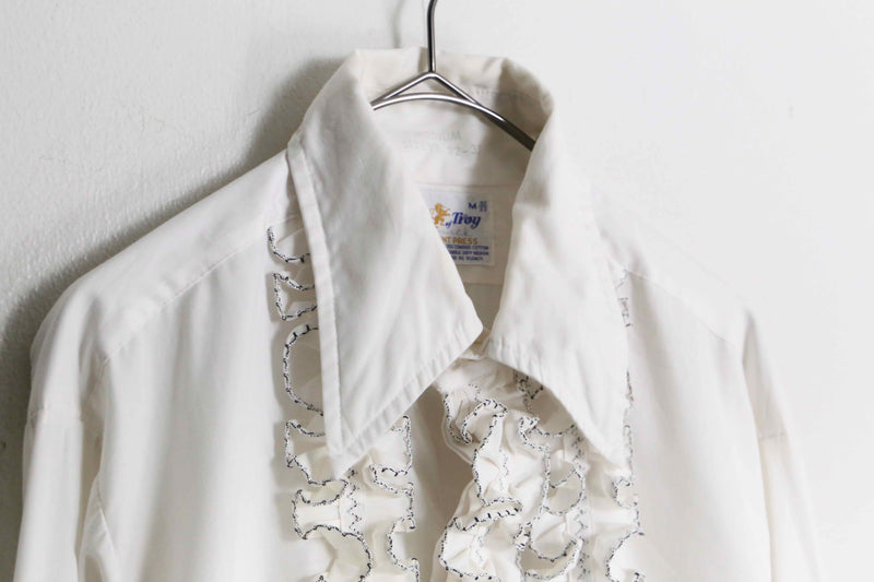 70's White & black piping frill dress shirt