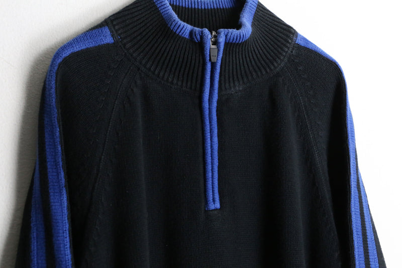 "Eddie Bauer" black×blue shoulder line half zip knit