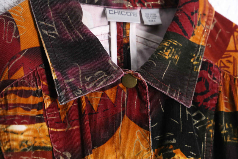 “CHICO’S” mulch switch pattern corduroy tracker jacket