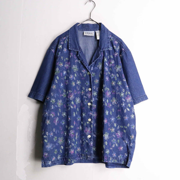 flower embroidery design s/s denim shirt