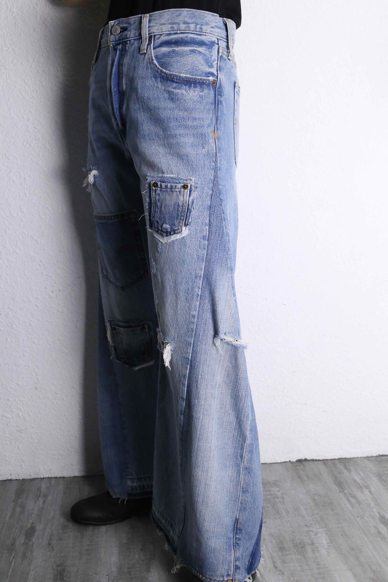 "Re:make" patch&crash design buggy flare denim