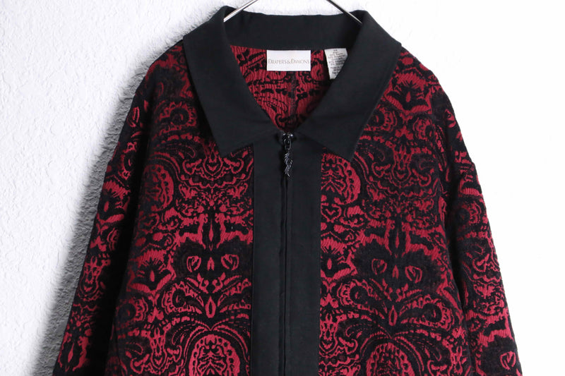 red × black damask jacquard zip-up jacket