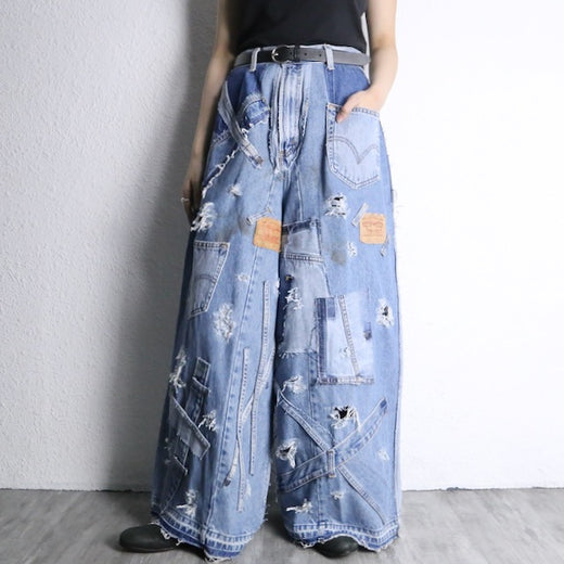 "Re:make" patchwork design wide denim  pants