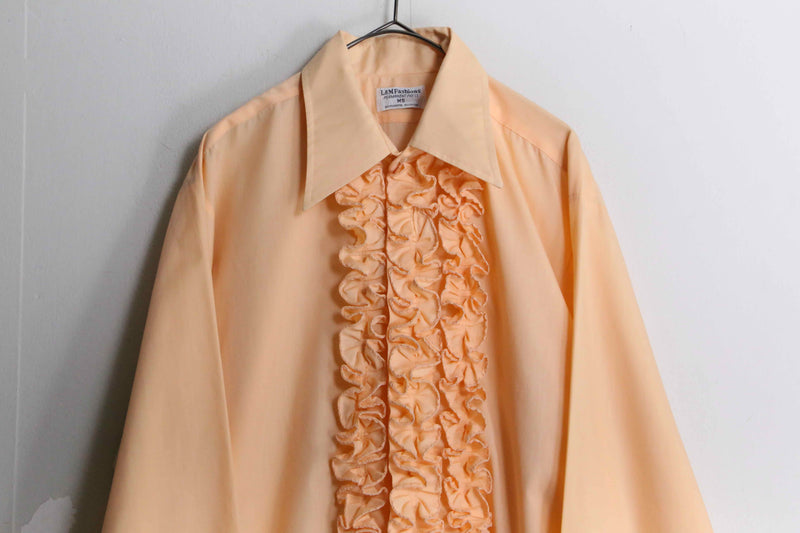 70's pale orange color frill dress shirt