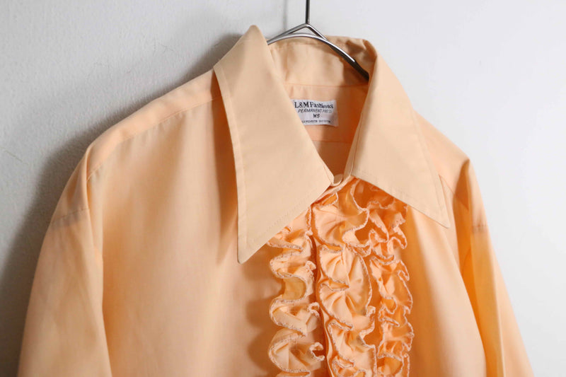 70's pale orange color frill dress shirt