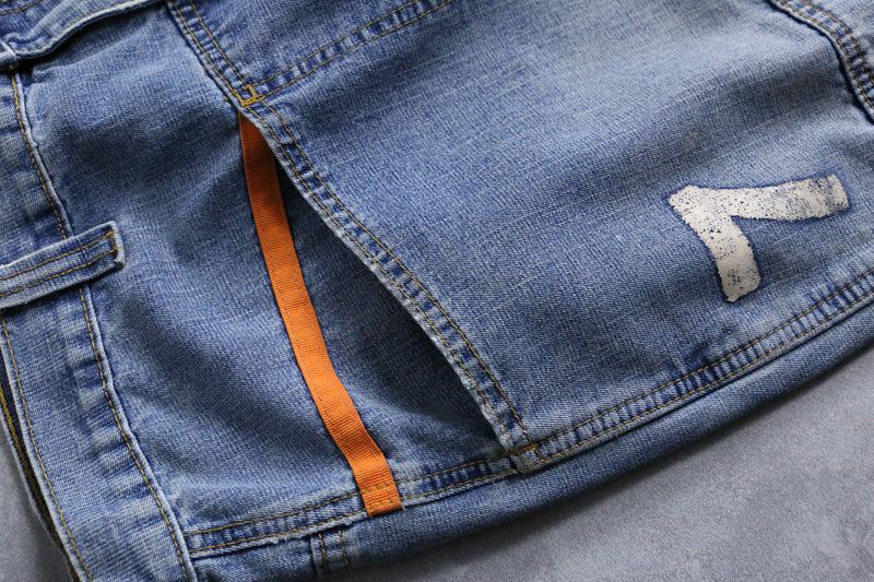 light blue × orange piping design wide denim pants