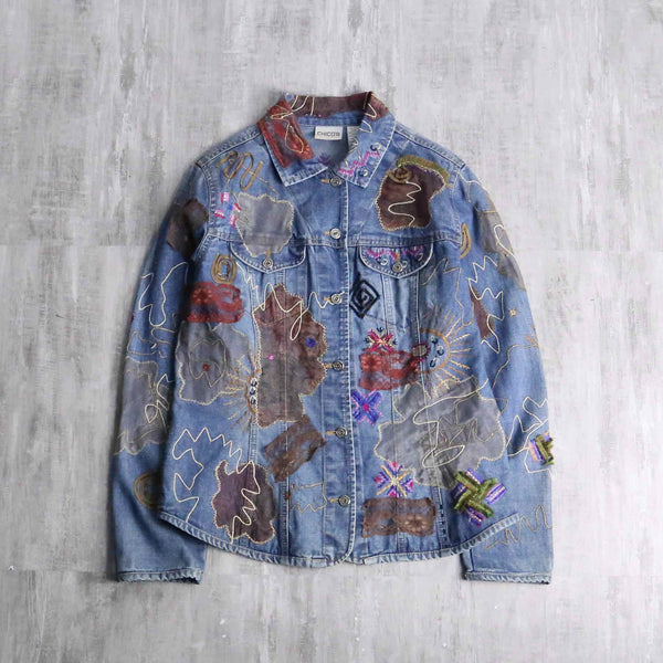 "90's CHICO'S" emb&patchwork denim shirt