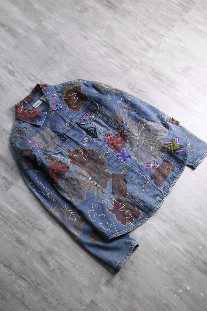 "90's CHICO'S" emb&patchwork denim shirt