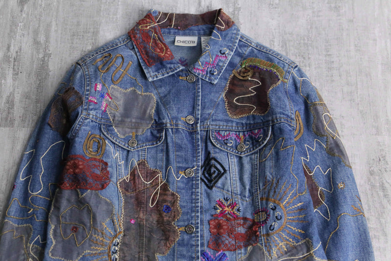 "90's CHICO'S" emb&patchwork denim shirt