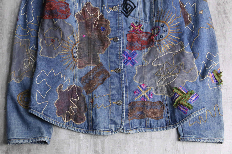 "90's CHICO'S" emb&patchwork denim shirt