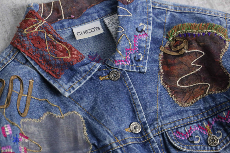 "90's CHICO'S" emb&patchwork denim shirt