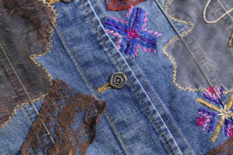 "90's CHICO'S" emb&patchwork denim shirt