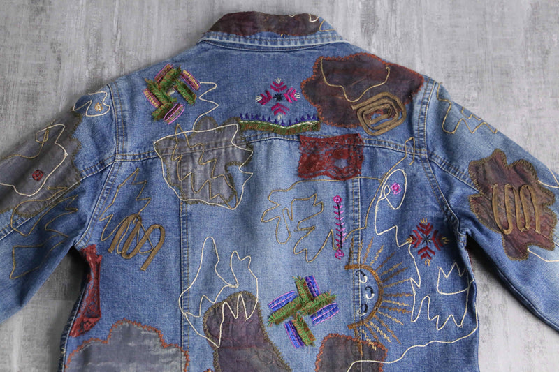 "90's CHICO'S" emb&patchwork denim shirt