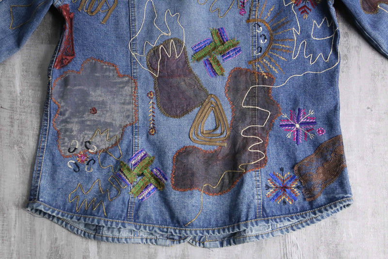 "90's CHICO'S" emb&patchwork denim shirt