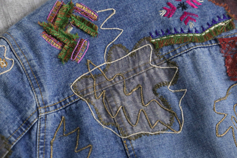 "90's CHICO'S" emb&patchwork denim shirt