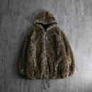 faux leopard fur zip up hooded jacket
