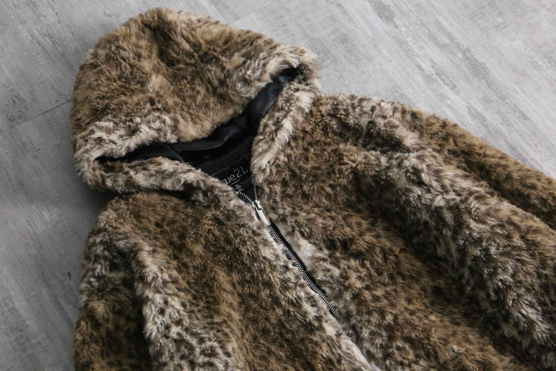 faux leopard fur zip up hooded jacket