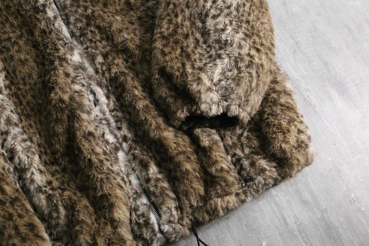 faux leopard fur zip up hooded jacket