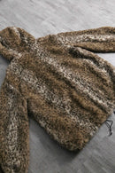 faux leopard fur zip up hooded jacket