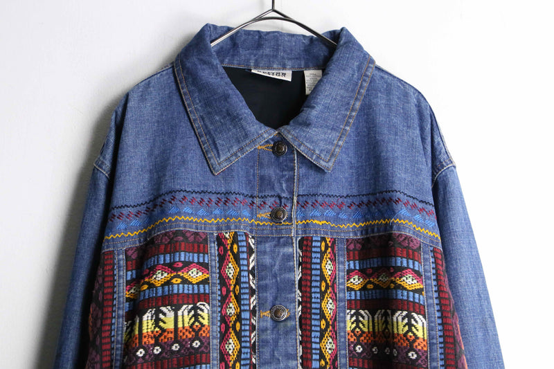 “CHICO’S” geometric pattern denim jacket