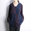 purple × navy panel switch smooth shirt