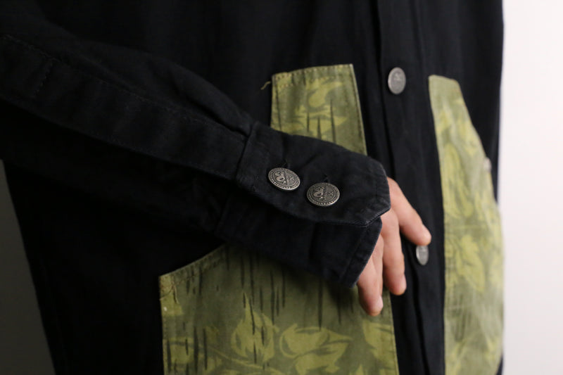 black×yellow green button design hoodie jacket