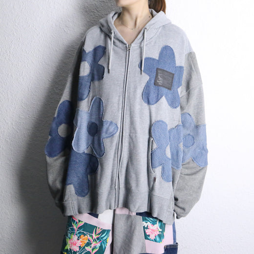 "Re:make" flower patchwork zip hoodie