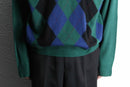 green argyle acryl knit polo sweater