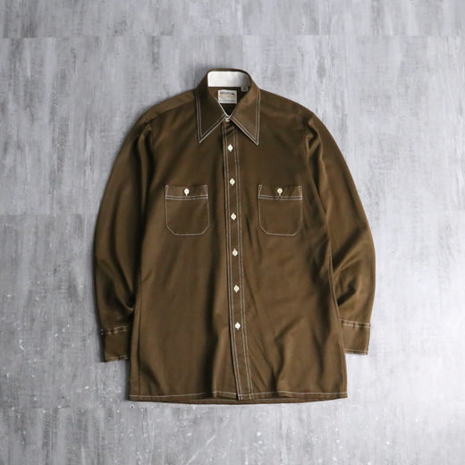 70’s brown stitch design poly shirt