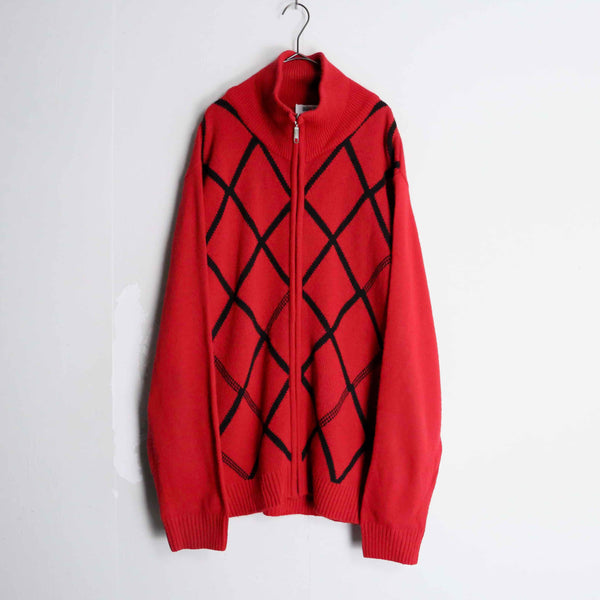 red color diagonal check high neck knit jacket