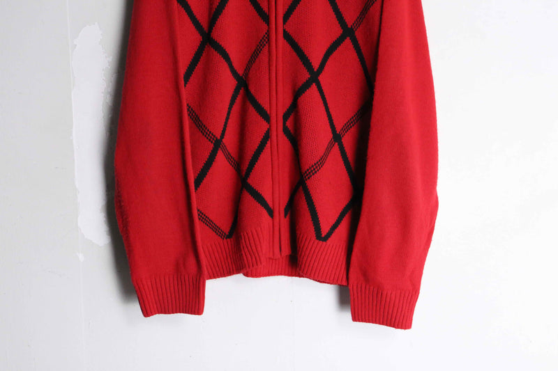 red color diagonal check high neck knit jacket