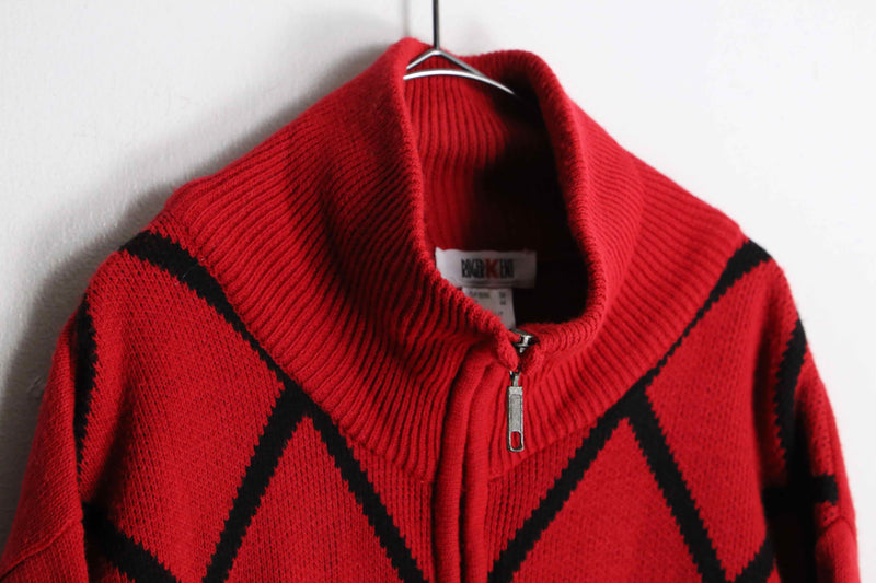 red color diagonal check high neck knit jacket