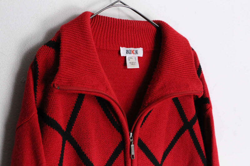 red color diagonal check high neck knit jacket