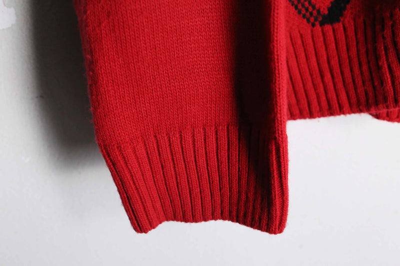 red color diagonal check high neck knit jacket