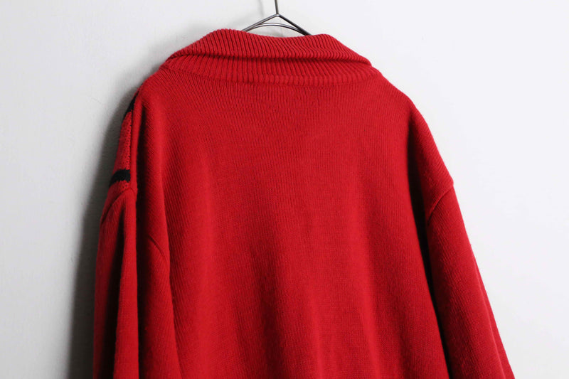 red color diagonal check high neck knit jacket